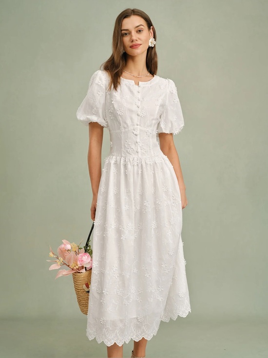 RIHOAS Dresses & Skirts - Rihoas White Round Neck Floral Midi Dress